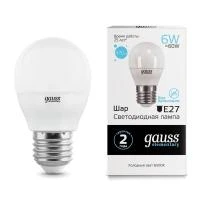 Лампа светодиодная Elementary 6Вт P45 шар 6500К холод. бел. E27 470лм GAUSS 53236