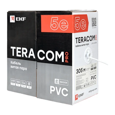 Кабель витая пара TERACOM Cat.5E U/UTP 4 пары solid оболочка PVC цвет серый (упак. 305м) | TRC-5EUTP-04PVC-GY-IN3 | EKF