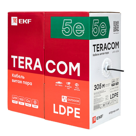Кабель витая пара TERACOM PRO Cat.5E U/UTP 4 пары solid внешний 24AWG черный упак. 305м | TRP-5EUTP-04PE-BK-OUT3 | EKF