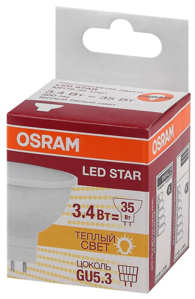 Лампа светодиодная LED Star MR16 3.4W/830 3.4Вт матовая 3000К тепл. бел. GU5.3 300лм 220-240В 110град. пластик. (замена 35Вт) OSRAM 4058075129009