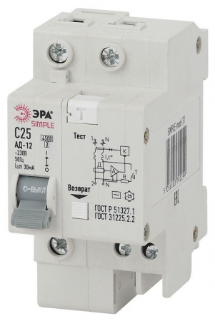 Выключатель автоматический дифференциального тока 2п (1P+N) C 40А 30мА тип AC SIMPLE-mod-33 Эра Б0039291
