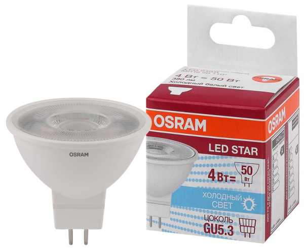 Лампа светодиодная LED STAR MR16 4W/850 4Вт 5000К холод. бел. GU5.3 380лм 110 град. 220-240В пластик. (замена 50Вт) OSRAM 4052899981157