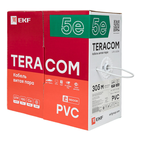 Кабель витая пара TERACOM PRO Cat.5E U/UTP 4 пары solid 24AWG цвет серый упак. 305м | TRP-5EUTP-04PVC-GY-IN3 | EKF