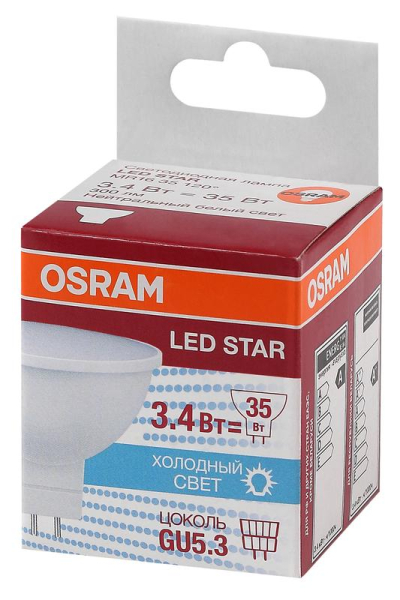Лампа светодиодная LED Star MR16 3.4W/840 3.4Вт матовая 4000К нейтр. бел. GU5.3 300лм 220-240В 110град. пластик. (замена 35Вт) OSRAM 4058075129030