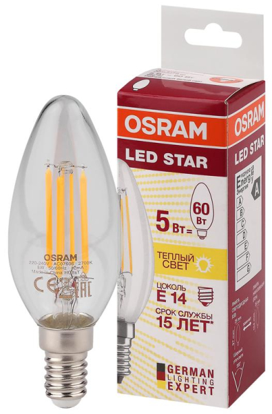 Лампа светодиодная филаментная LED STAR CLASSIC B 60 5W/827 5Вт свеча 2700К тепл. бел. E14 660лм 220-240В прозр. стекло OSRAM 4058075116672