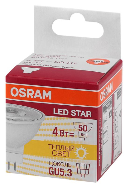 Лампа светодиодная LED STAR MR16 4.2W/830 4.2Вт 3000К тепл. бел. GU5.3 350лм 110 град. 220-240В пластик. (замена 50Вт) OSRAM 4052899981140